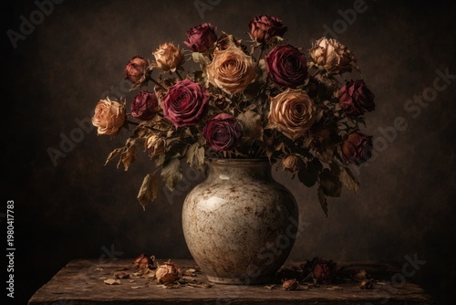 Dried roses arranged in a c...