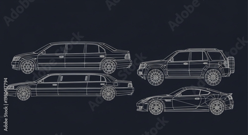 Collection of detailed car sketches on black background.