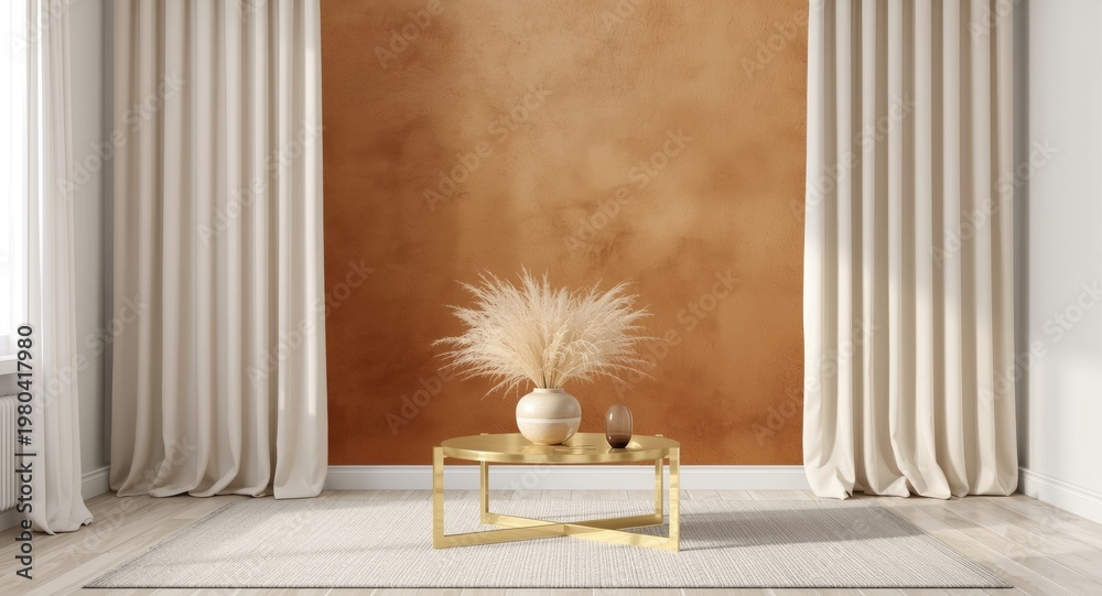 Obraz premium Stylish living room interior featuring dried grass brass table and curtains on warm wall mockup