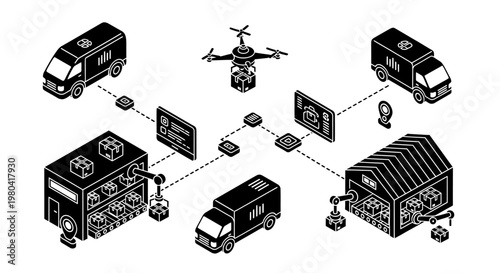 Isometric Smart Logistics Network with Automated Delivery and Warehousing.