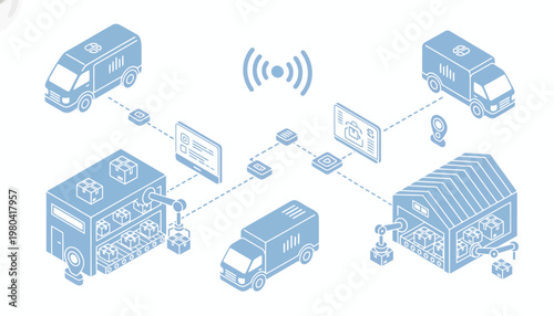 Isometric Smart Logistics Network with Connected Vehicles and Warehouses.