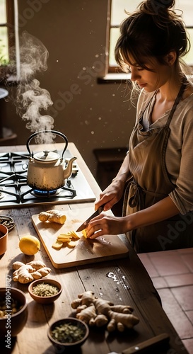Woman preparing food in kitchen with steam rising.