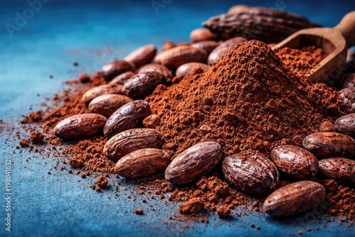 Heap of cocoa beans and pow...