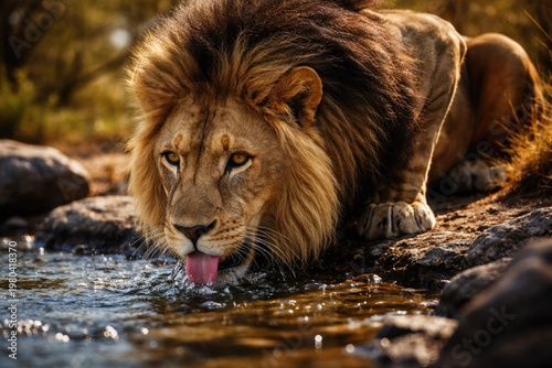 Majestic lion drinking spar...