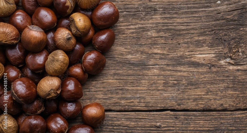 Obraz premium Top view of ripe sweet chestnuts on rustic wooden surface with copy space