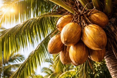Ripe coconuts dangling from...