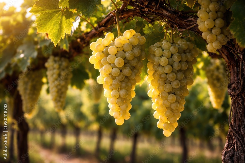 Naklejka premium Fresh white grapes on vine ready for harvest in traditional vineyard