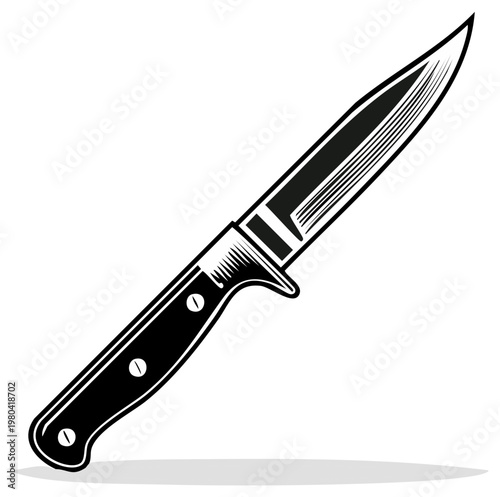 Bold black and white illustration of a sturdy hunting knife with a sharp blade and dark handle