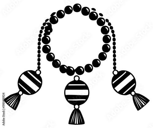 Illustration of a beaded necklace with striped ornaments and tassels