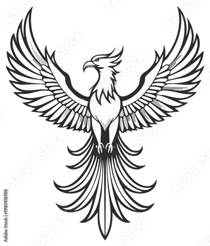 Majestic Phoenix Rises with Spread Wings and Flowing Tail Feathers Illustration
