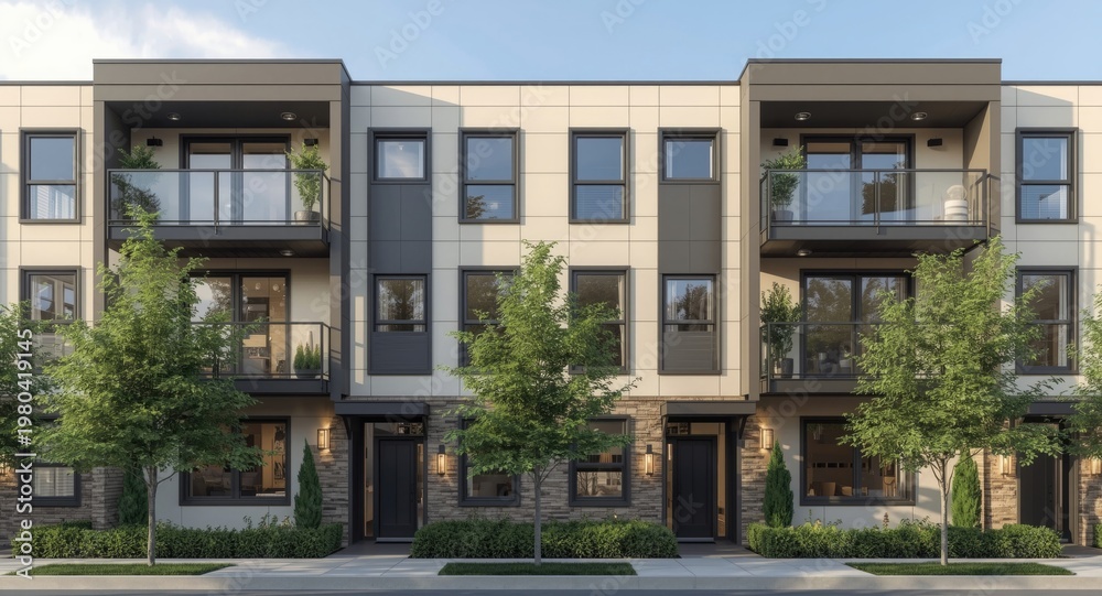 Fototapeta premium Facade of upscale residential apartments with contemporary geometric styling