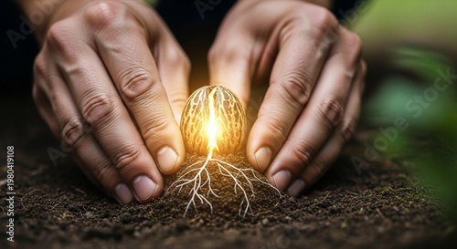 Hands gently cradling a glowing seed with roots growing in soil