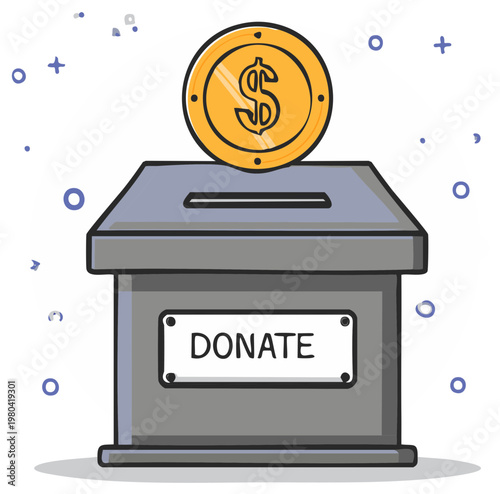 Cartoon illustration of a donation box with a dollar coin inserted