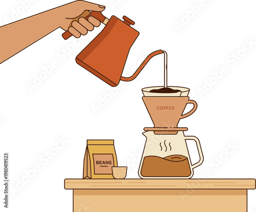 Close-up vector illustration showing the meticulous process of brewing delicious pour-over coffee by hand, capturing the essence of a morning ritual and handcrafted perfection at home