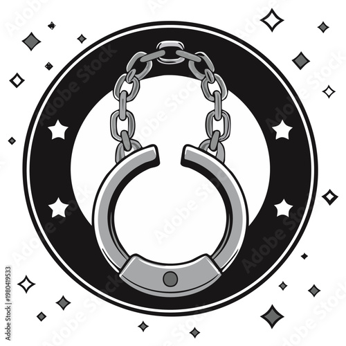 Cartoon Handcuffs Illustration Symbolizing Justice and Law Enforcement Within a Circular Frame with Sparkling Accents