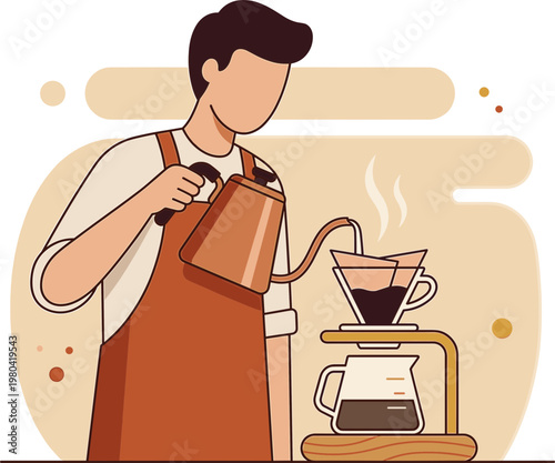 Barista carefully pours hot water over coffee grounds in a pour-over coffee maker, creating a steaming beverage