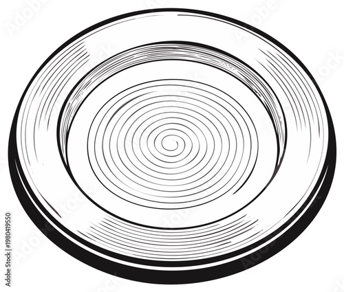 Retro style line art drawing of a food plate with a decorative swirl design in the center