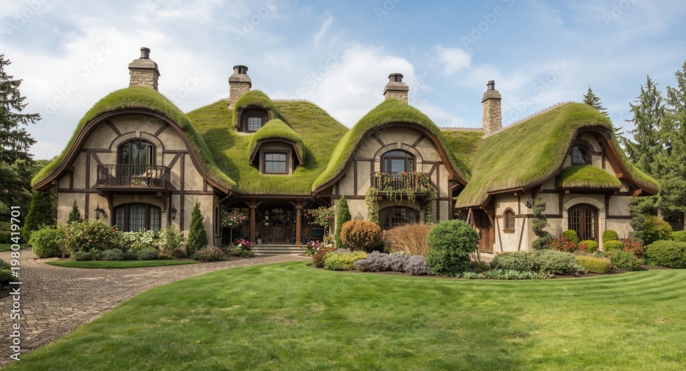Fototapeta premium Storybook style homes featuring curved archways and living grass roofs