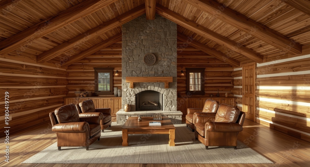 Naklejka premium Traditional log cabin living room with distinctive wood ceiling and copyspace for text