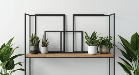 Wooden shelf with metal frames styled with plants for virtual office backdrop
