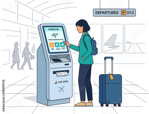 Airport self check-in kiosk with traveler and luggage