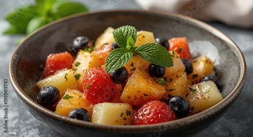 Sweet and tangy fruit salad with crisp mint garnish