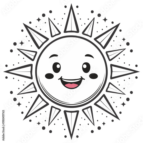 Cheerful Sun Cartoon Character Smiling and Shining with Rays of Light and Sparkling Stars Around It