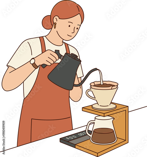 Barista preparing pour-over coffee in a cafe with a digital scale for precise brewing