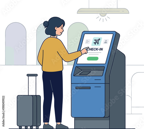 Illustration of a young woman using a self-service check-in kiosk at an airport with her luggage beside her