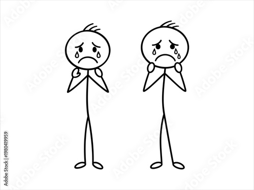Two crying stick figures with hands on their faces expressing sadness