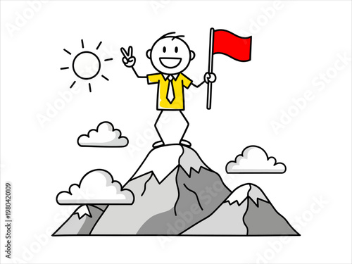 Victorious stickman on mountain summit with flag, celebrating success and leadership