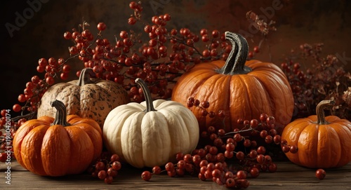 Decorative pumpkins and red...