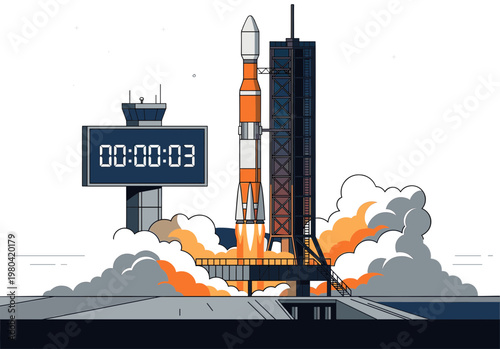 Countdown to liftoff A rocket poised for launch from its platform amidst smoke and flames, with a digital clock displaying the final seconds