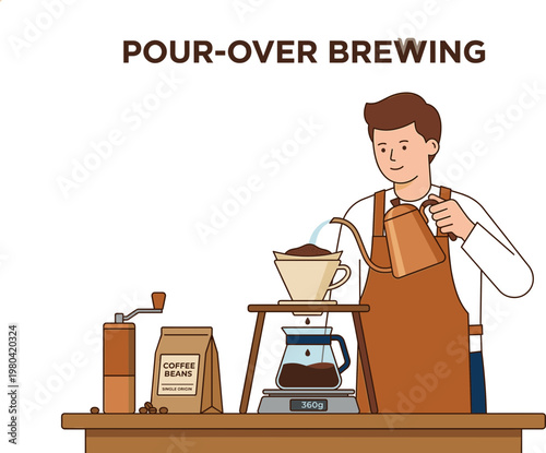 A barista meticulously crafts a fresh cup of pour-over coffee, showcasing the delicate and precise manual brewing technique using specialized equipment