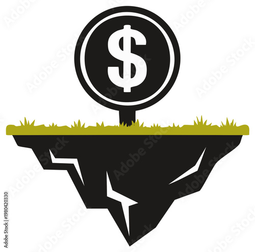 Dollar sign on a floating landmass with grass symbolizes financial stability or uncertain investment