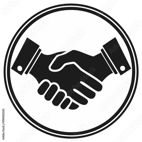 Black and white handshake icon inside a circular frame, representing agreement and teamwork.