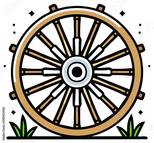 Cartoon wheel illustration with grass and sparkles, design element
