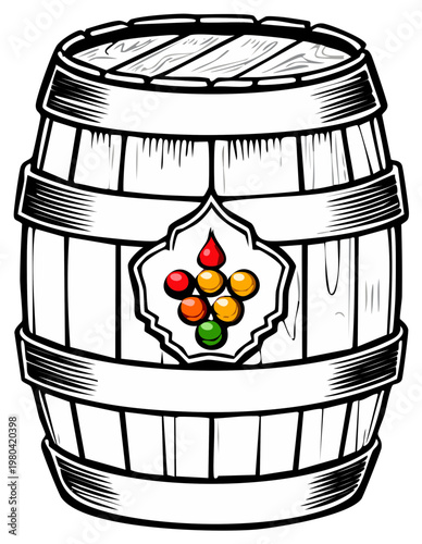 Rustic Wooden Barrel with Grapes Label Illustration