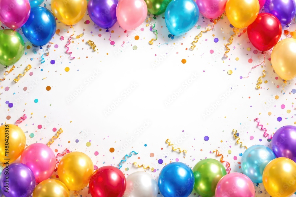 Fototapeta premium Festive colorful balloons and confetti scattered on a white background with generous copy space