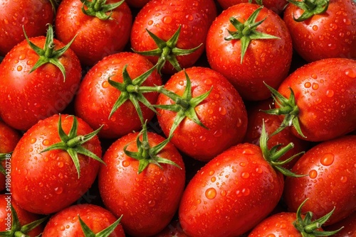 Top view of fresh ripe plum tomatoes clustered together