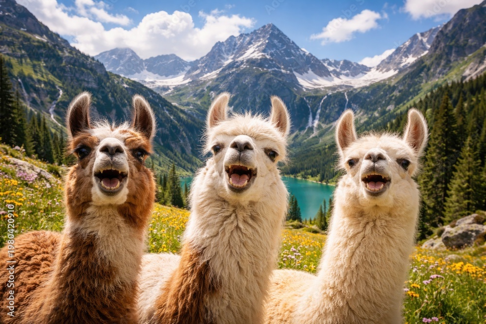 Fototapeta premium Happy llamas looking up on vibrant mountain landscape