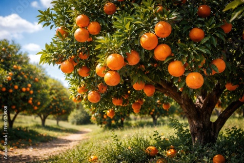 A vibrant orange tree full of ripe fruit on a sunny summer day
