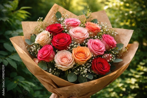 Vibrant rose bouquet wrapped in natural craft paper with lush green foliage background for romantic celebrations