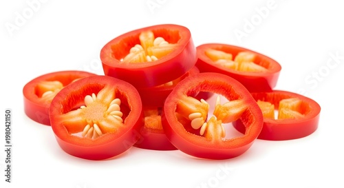 Vibrant Red Pepper Slices with Seeds, Fresh and Healthy Vegetable Ingredient Isolated on White