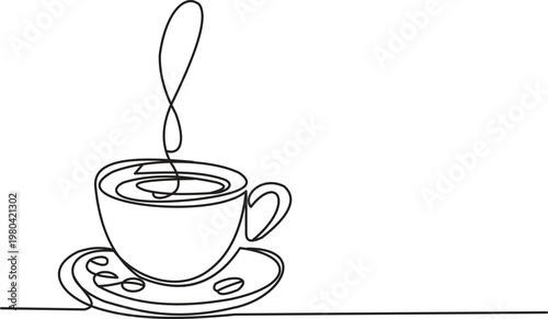Continuous line drawing of a steaming cup of coffee on a saucer