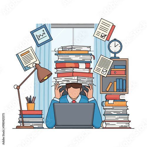 Vector illustration of a stressed male office worker sitting at a desk with a laptop, holding his head as a tall stack of books balances on top of him with flying papers in the air.