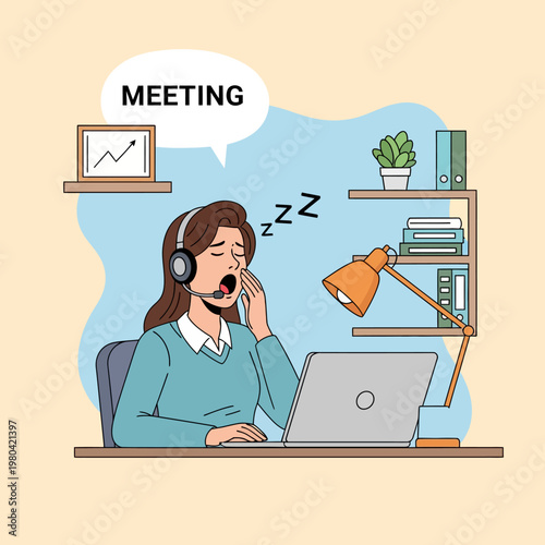 Vector illustration of a tired woman wearing a headset and yawning while sitting at her desk with a laptop during an online meeting, featuring a speech bubble and sleepy symbols.