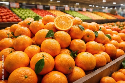 Fresh ripe oranges stacked in vibrant grocery produce section