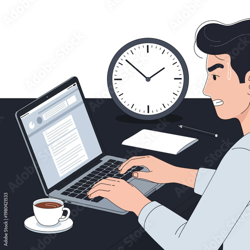 Flat vector illustration of a stressed businessman typing on a laptop at a desk with a large analog clock, white coffee cup, and notepad, representing work deadlines and time pressure.