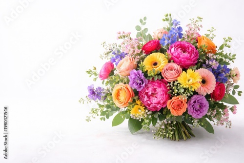 Colorful bouquet of fresh flowers on plain white background with copy space